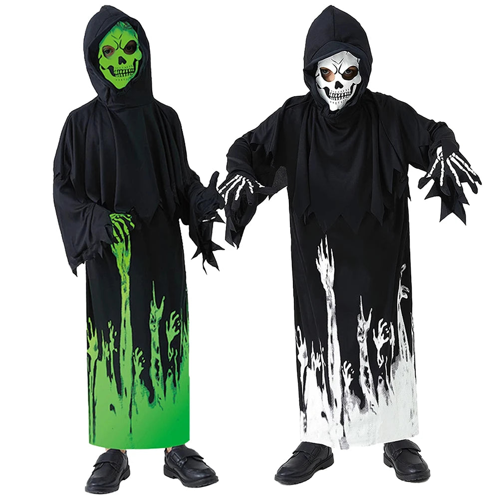 Halloween Grim Reaper Cosplay Costume Bodysuit Kids Ghost Demon Skeleton Spooky Glow-In-The-Dark Hooded Jumpsuit Mask Gloves Set