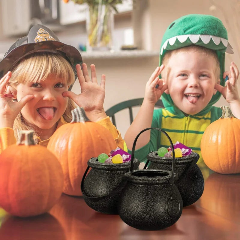 6pcs Mini Plastic Cauldron Bucket With Handle, Halloween Candy Bucket, Party Favor Witch Pot, Trick-Or-Treat Container