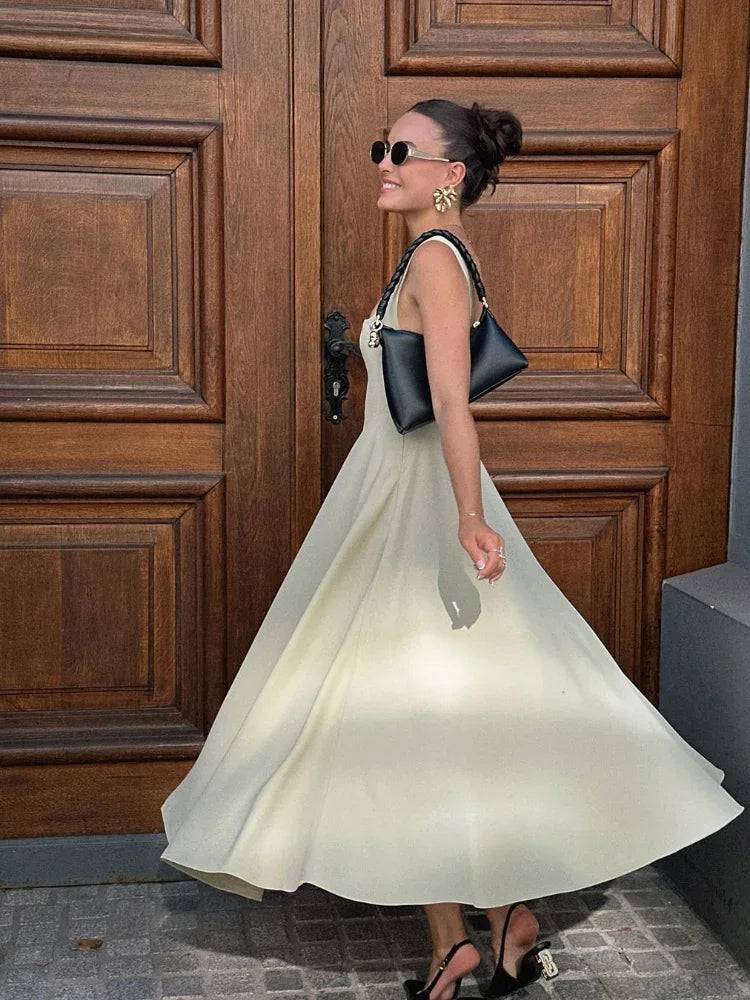 Elegant White High Waist Women's Dress Fashion Square Neck Sleeveless A-Line Dresses 2025 New Vocation Beach Party Streetwear