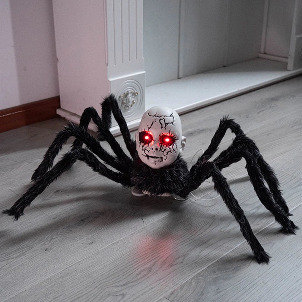 Halloween Animatronic Doll Face Spider Sound Activated Scary Walking Spider Haunted House Prop Halloween Party Decoration
