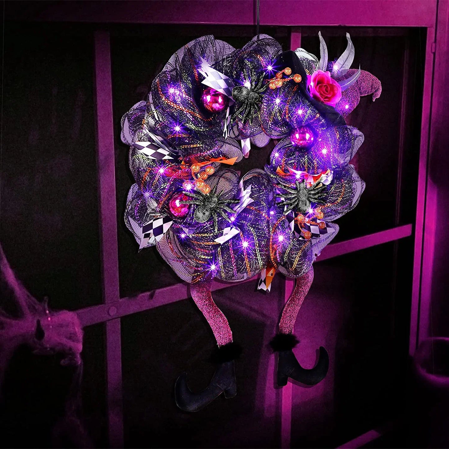 Halloween Wreath With Led Lights Door Hanging Decoration Pumpkin Witch Hat Leg Wreath Carnival Party Gifts Home Halloween Decor