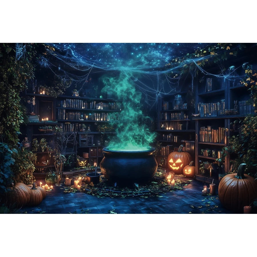 Halloween Horror Photo Backgrounds Witches Magic Boiler Bookshelf Pumpkin Lanterns Spider Web Spooky Party Photography Backdrops