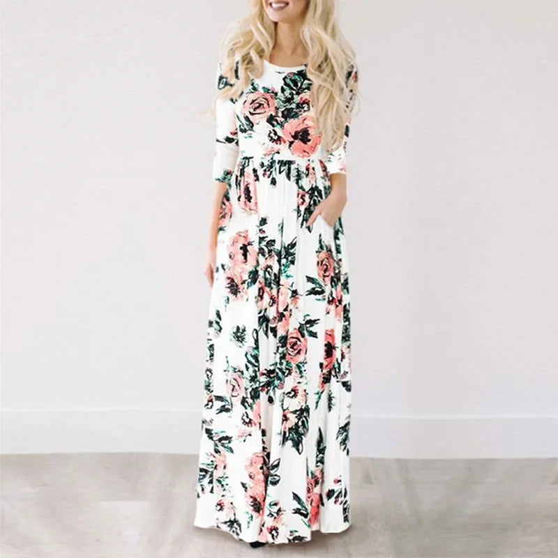 Women Summer Floral Print Maxi Dress 2024 LOOSE White Boho Beach Dress Women Vintage Evening Party Long Dress Vestidos Female