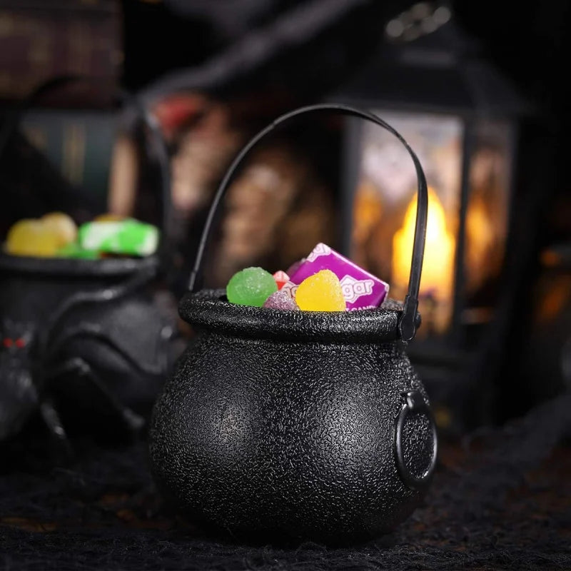 6pcs Mini Plastic Cauldron Bucket With Handle, Halloween Candy Bucket, Party Favor Witch Pot, Trick-Or-Treat Container