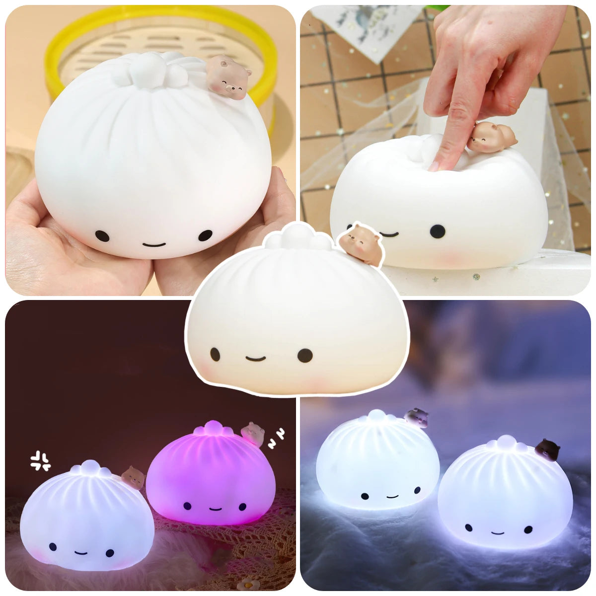 Cute Dumpling Night Light Dumpling Bun Lamp for Kids Rechargeable Silicone Nursery Lamp 7Colors Bedside Lamp for Bedroom Camping