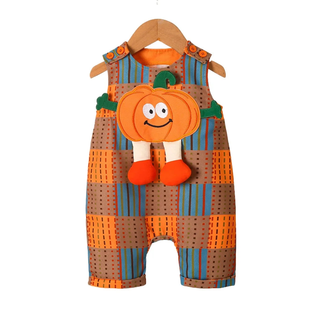 3-24Months Infant Baby Unisex Halloween Orange Cute Pumpkin Pattern Checkered Jumpsuit for Holiday Parties and Celebrations