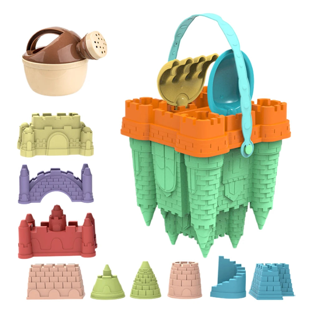Beach and Sand Castle Kit With Sand Castle Molds Watering Can Rake Shovel Sand Toys Sand Castle Toys for Beach for Kids Outdoor