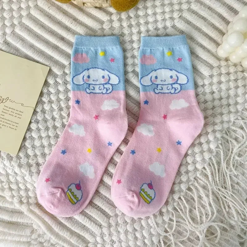 5pairs Sanrio Funny Cinnamoroll Cartoon Socks Women's Blue Combed Cotton Mid-Calf Stocks Kids Cute Gilrs Puppy Stockings