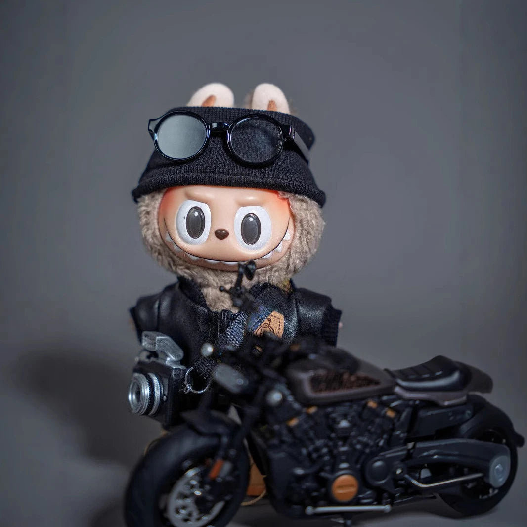 For 17cm Labubu Doll Black Leather Jacket & Inertia Bike Set Cool Biker Outfit Ropa Labubu Doll Accessory