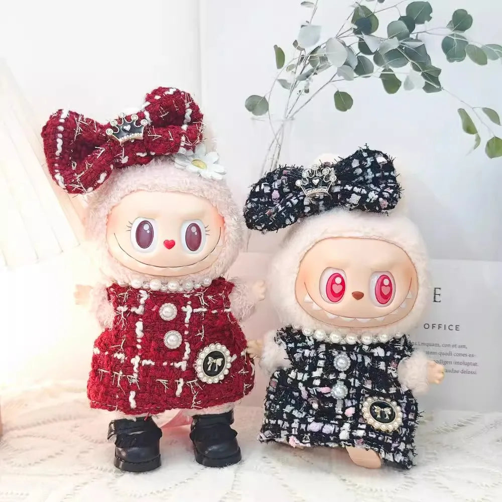 Doll Clothes Outfit Accessories Labubu Clothes Designer Black and White Plaid Dress Set DIY Mini Dolls Clothing Girl Gift