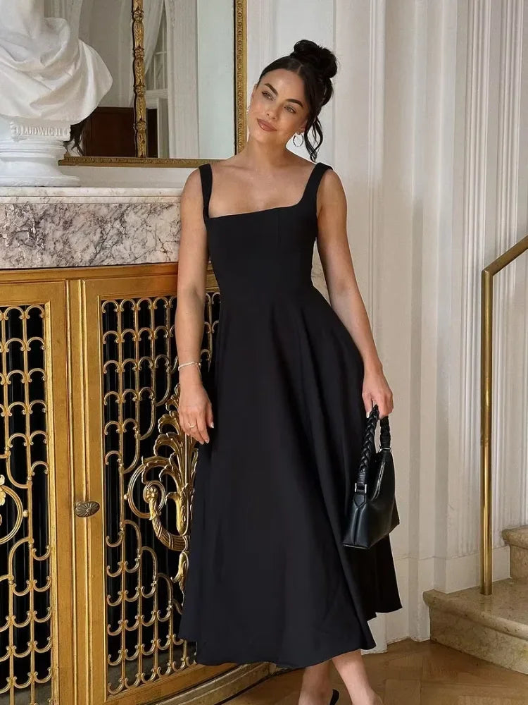Elegant White High Waist Women's Dress Fashion Square Neck Sleeveless A-Line Dresses 2025 New Vocation Beach Party Streetwear