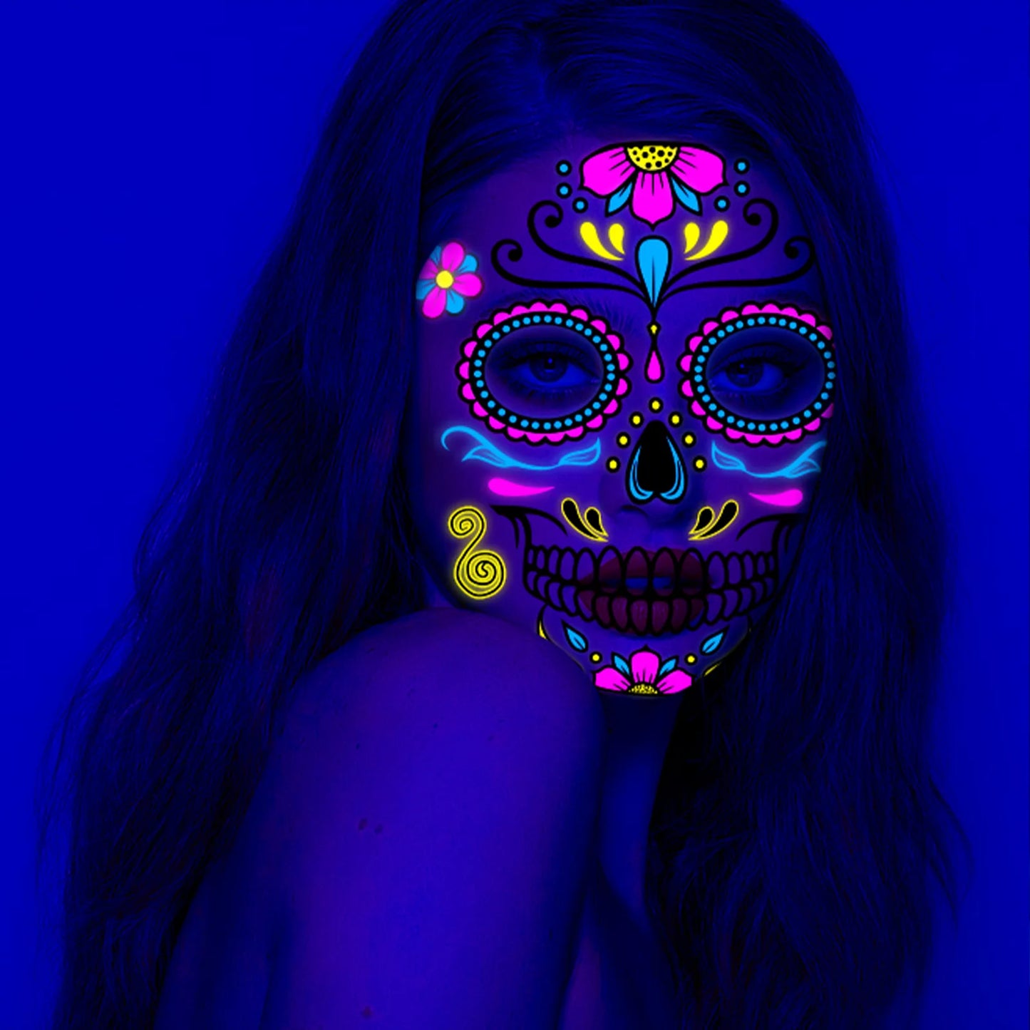 1/4/8pcs Waterproof Fluorescent Temporary Tattoo Neon Halloween Stickers Day of the Dead Party Festival Night Bar Face Stickers