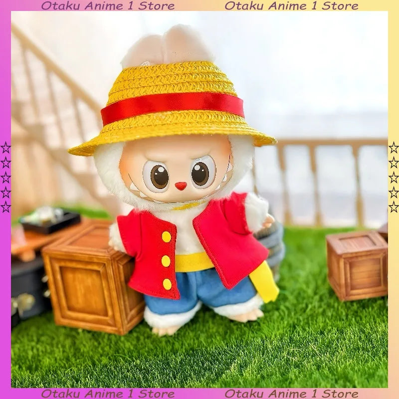 New Labubu Doll Clothes Cartoon Chopper Hat Backpack Luffy Straw 4-Piece Set Mini Plush Doll Clothing Fashion Doll Accessories