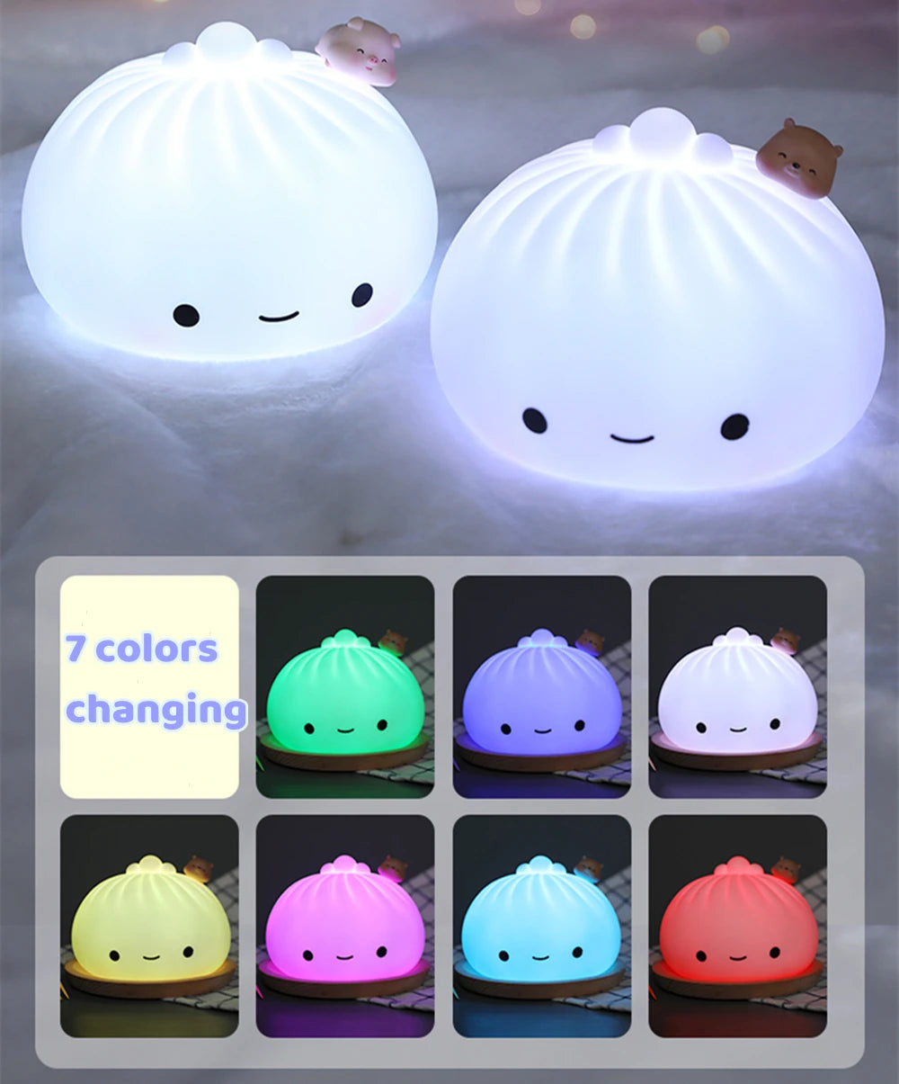 Cute Dumpling Night Light Dumpling Bun Lamp for Kids Rechargeable Silicone Nursery Lamp 7Colors Bedside Lamp for Bedroom Camping