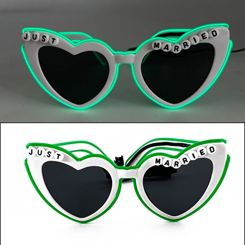 White Just Married LED Luminous Glasses Heart Shaped EL Neon Decorative Glasses Engagement Wedding Bridal Shower Props