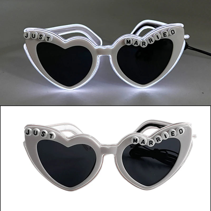 White Just Married LED Luminous Glasses Heart Shaped EL Neon Decorative Glasses Engagement Wedding Bridal Shower Props