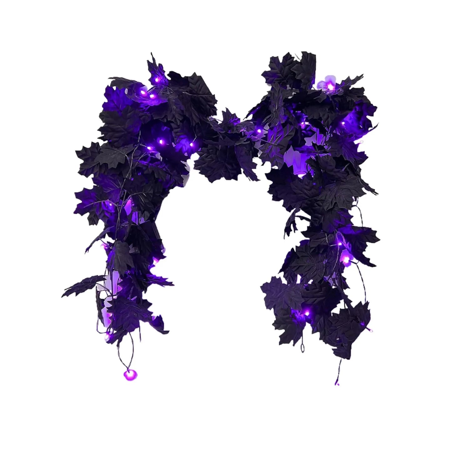 1pc Halloween Artificial Hanging Fall Leave Vines With 20 LED Black Leaf Garland With Purple Lights Battery Powered Horror Atmo