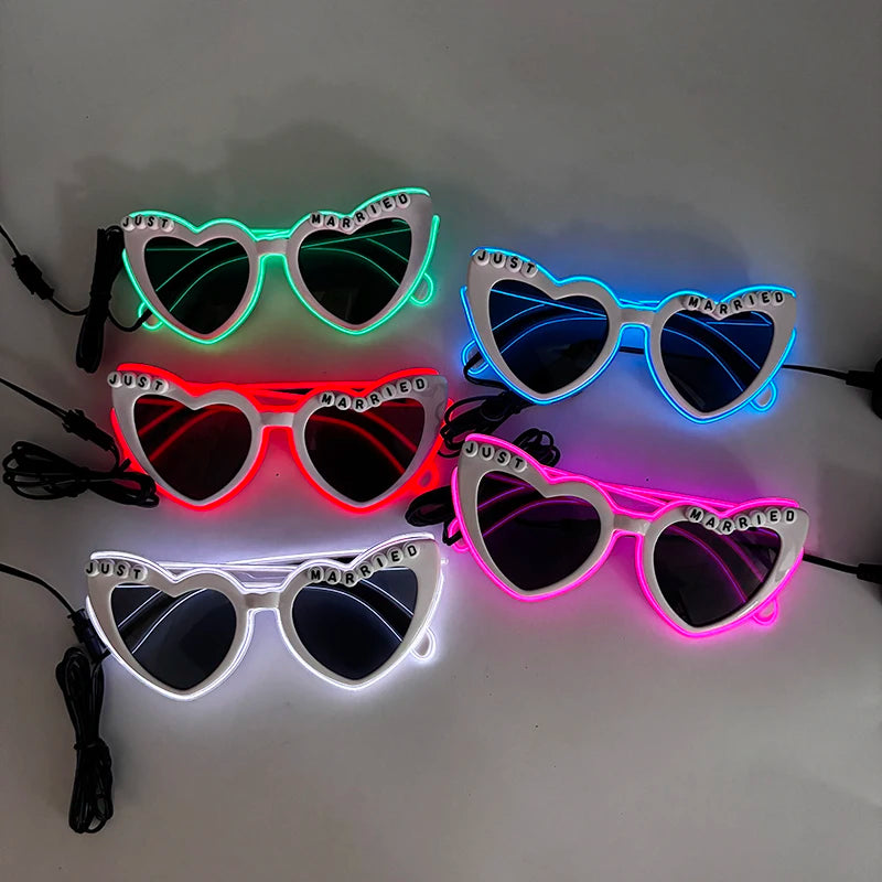 White Just Married LED Luminous Glasses Heart Shaped EL Neon Decorative Glasses Engagement Wedding Bridal Shower Props