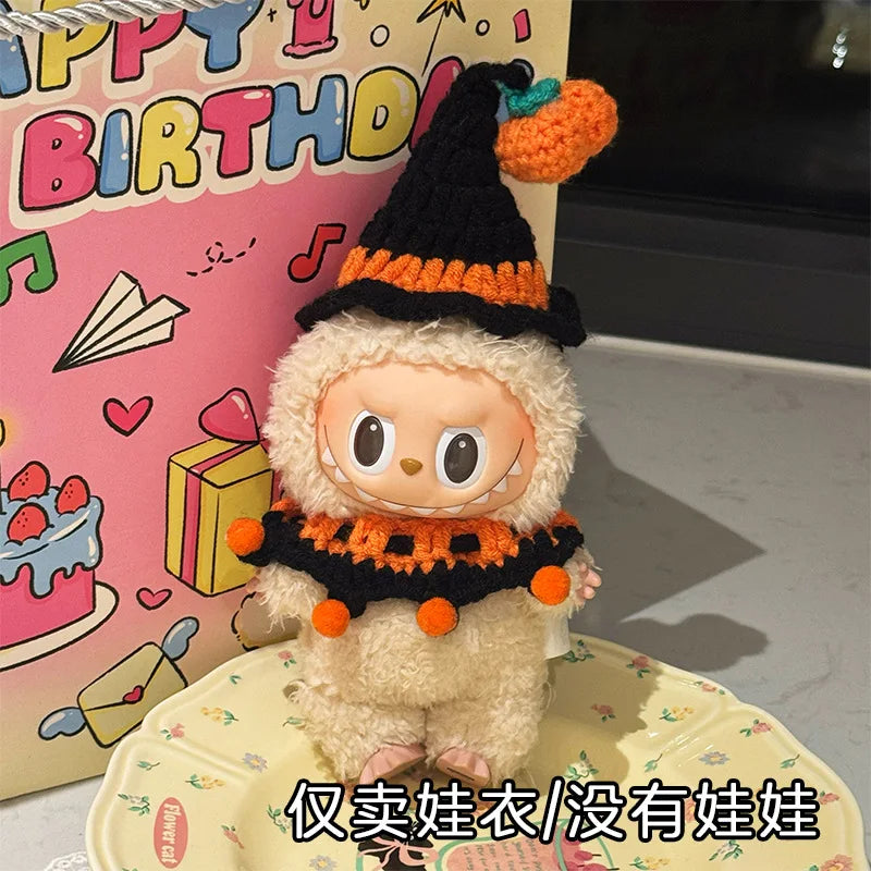 3.0 Labubu Clothes Halloween Knitted Pumpkin Bat Ghost Set for 15/17cm Doll Funny Necklace Accessories Christmas Halloween Gift