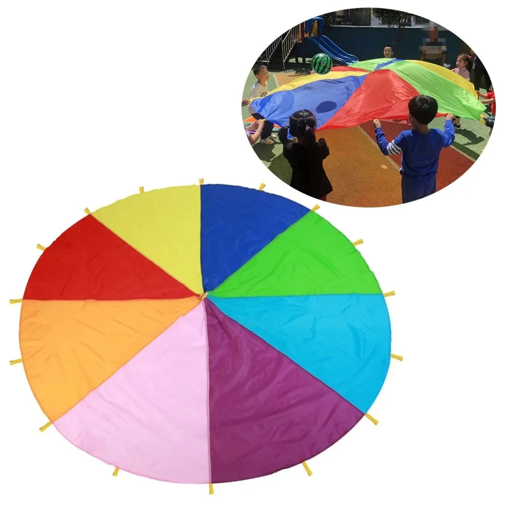 2/6m Diameter Kids Outdoor Teamwork Game Prop Rainbow Parachute Toys Jump Bag Bounce Play Mat School Activity Puzzle Game