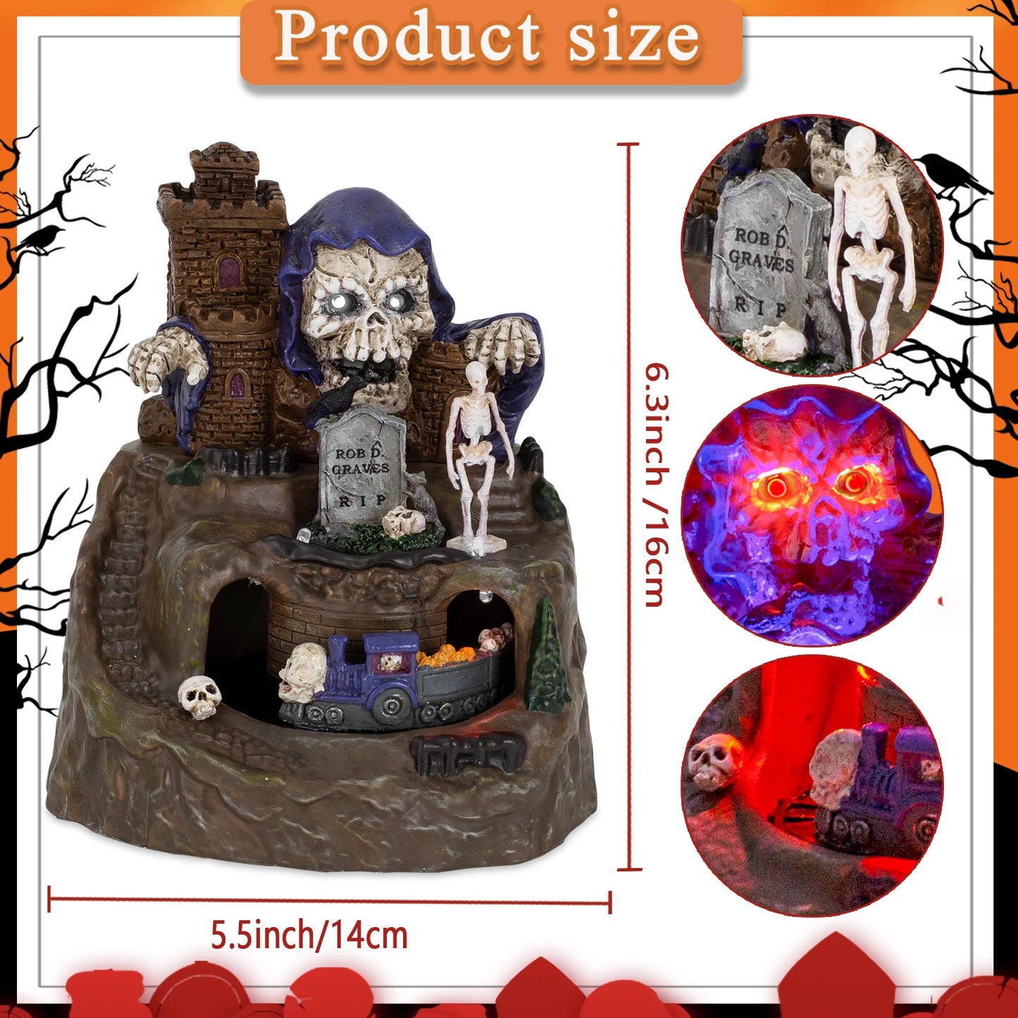 Animated Halloween Village House Decor With Moving Train Pre-Lit Music Skull Ghosts Tombstones Figurines Spooky Party Atmosphere