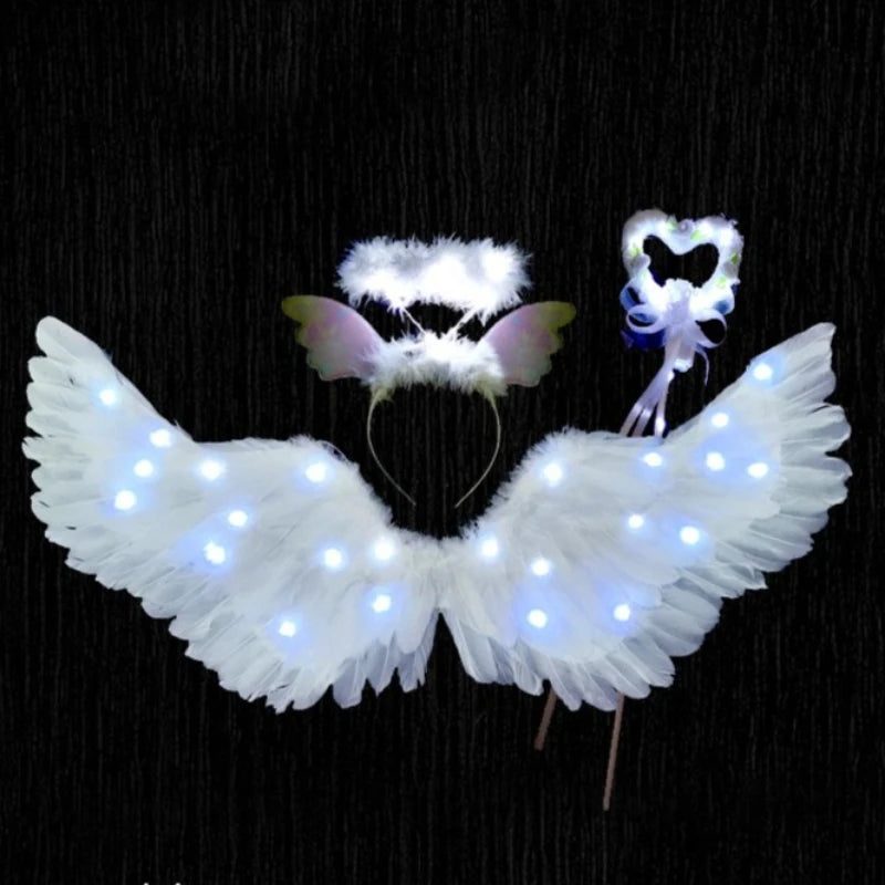 Women Girls Angel Feather LED Wings Halo Light Up Angel Wings Fairy Wands Glow Tutu Skirt Carnival Halloween Cosplay Costume