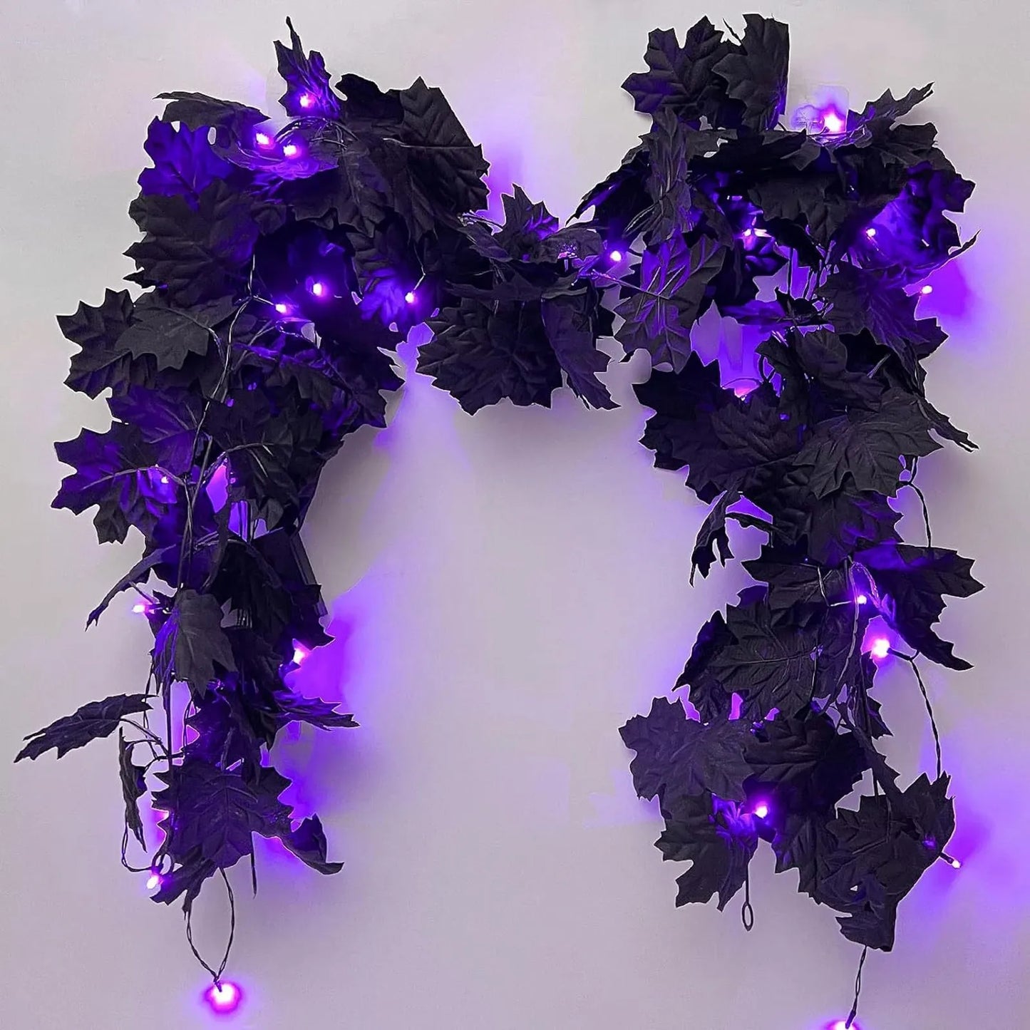 1pc Halloween Artificial Hanging Fall Leave Vines With 20 LED Black Leaf Garland With Purple Lights Battery Powered Horror Atmo