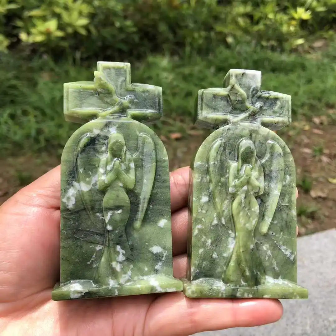 10CM Natural Green Ophiolite Quartz Crystal Carved Tombstone Angel Skull Gravestone Halloween Series Decoration Items Witchcraft