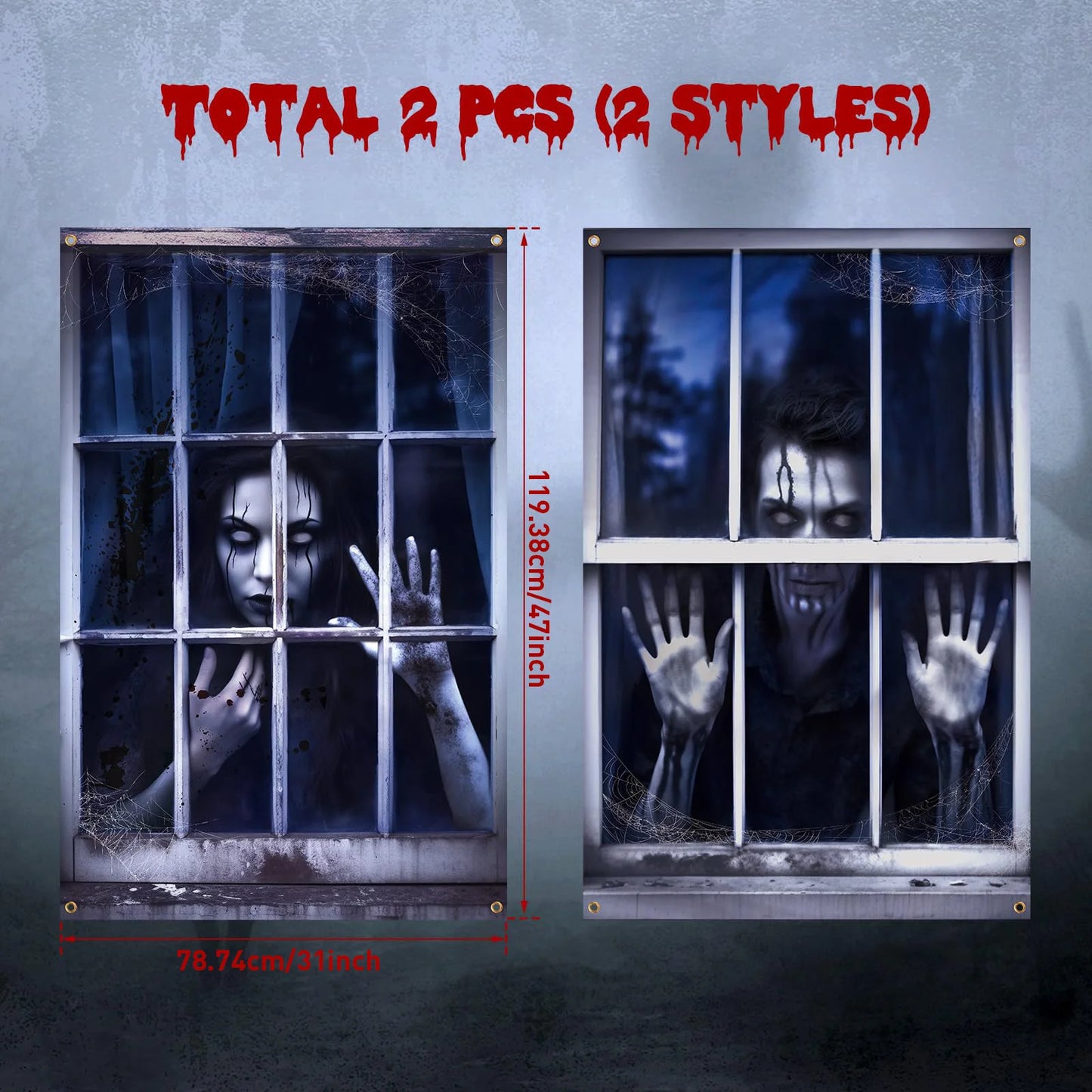 2 Pcs Scary Halloween Curtain Window Silhouette Decoration Blood Halloween Horror Halloween Window Poster