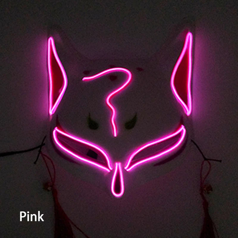 Glowing Demon Slayer Mask Cosplay Japanese Cartoon Neon Light Samurai Mascara Luminous Led Fox Mask for Halloween Christmas