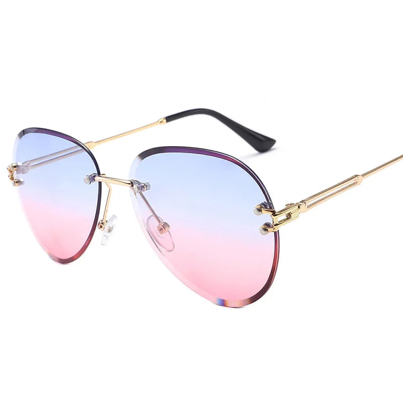 Fashion Blue Rimless Sunglasses Women 2024 UV400 Luxury Aviation Ladies Sunglasses Glasses Shades Zonnebril Dames