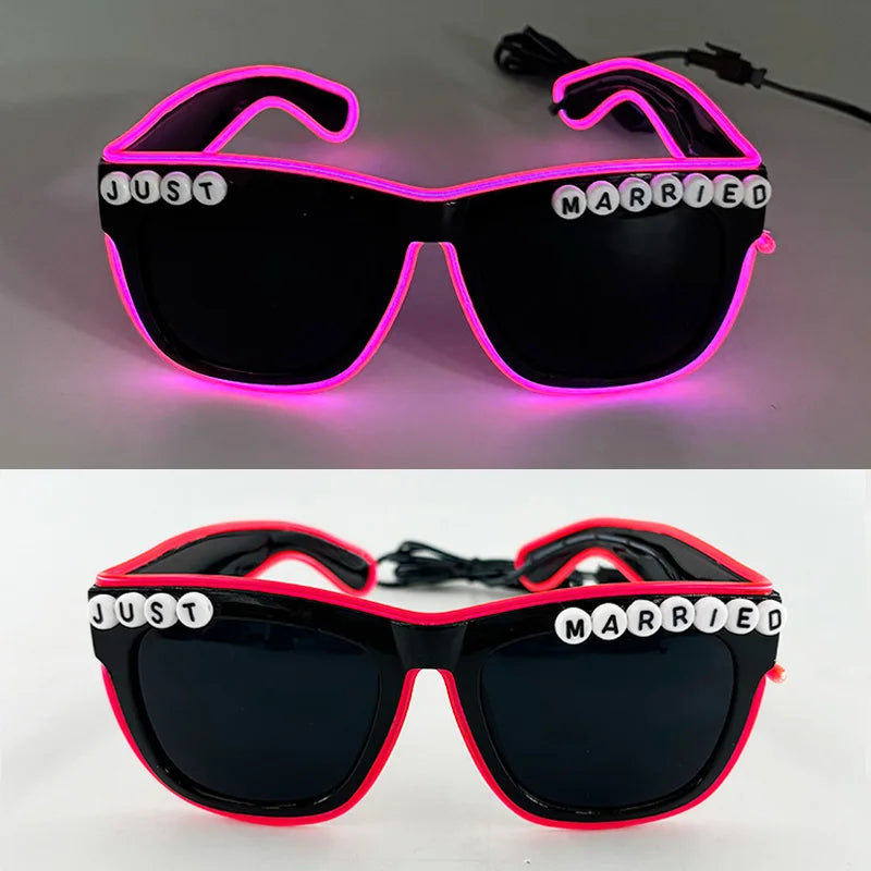 White Just Married LED Luminous Glasses Heart Shaped EL Neon Decorative Glasses Engagement Wedding Bridal Shower Props