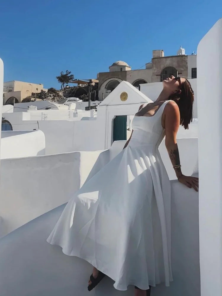 Elegant White High Waist Women's Dress Fashion Square Neck Sleeveless A-Line Dresses 2025 New Vocation Beach Party Streetwear