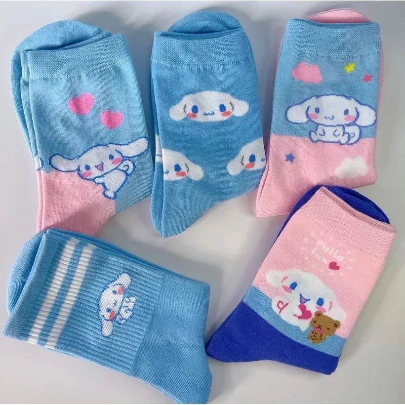 5pairs Sanrio Funny Cinnamoroll Cartoon Socks Women's Blue Combed Cotton Mid-Calf Stocks Kids Cute Gilrs Puppy Stockings