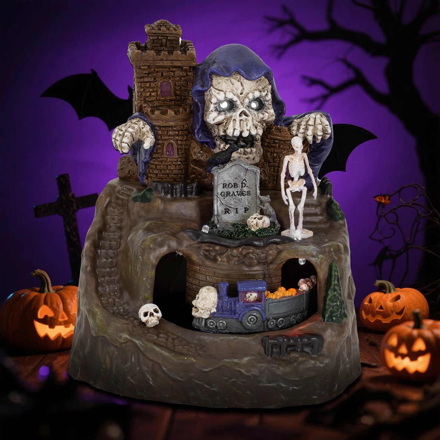 Animated Halloween Village House Decor With Moving Train Pre-Lit Music Skull Ghosts Tombstones Figurines Spooky Party Atmosphere
