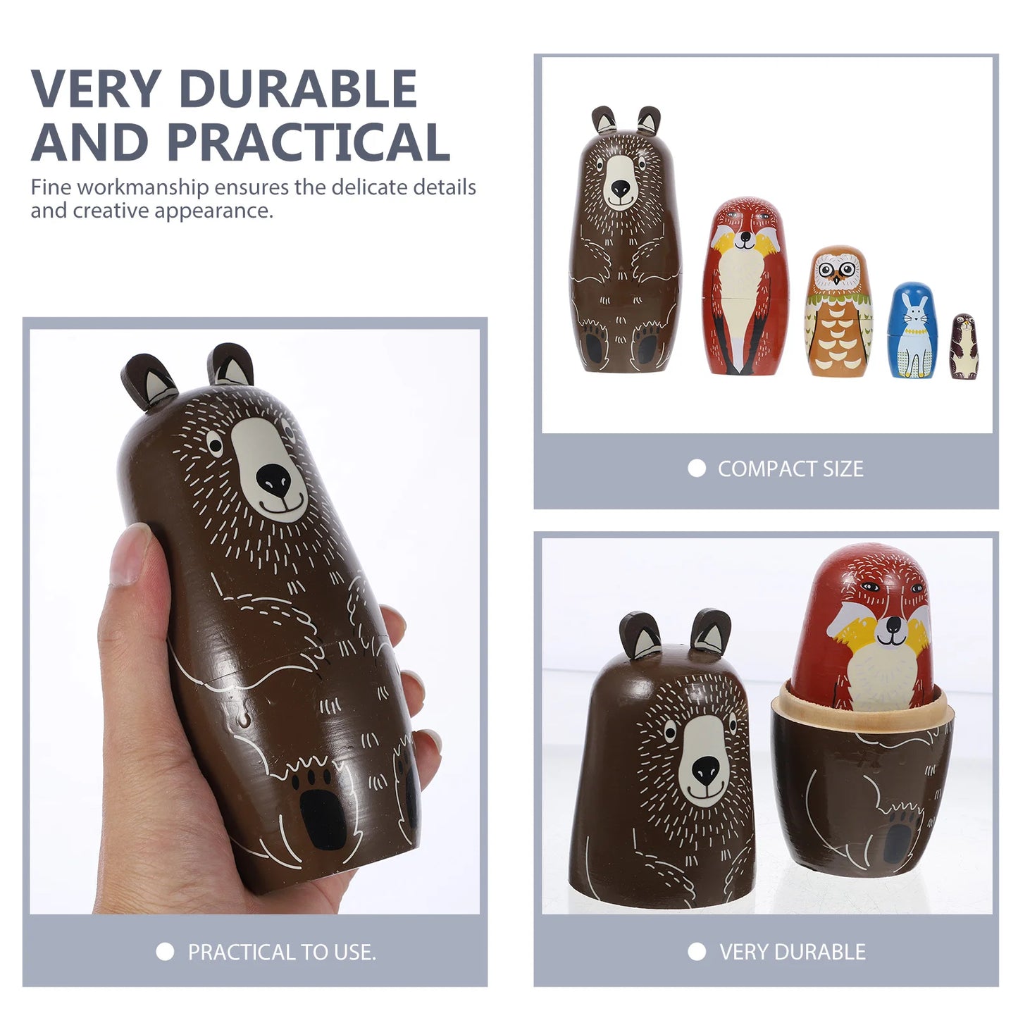 5 Pcs Bear Nesting Toy Owl Matryoshka Dolls Babushka Cartoon Russian Stacking Blank Boy