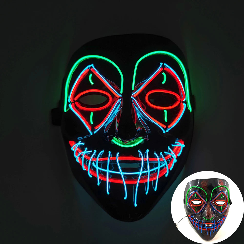 LED Killer Mask Halloween Dance Scary Theme Party Cosplay Costume Props LED Double Star Eyes Mask Glowing Colorful Creepy Mask