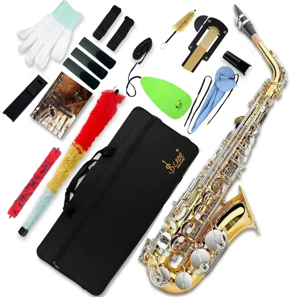 SLADE Golden Silver Saxophone Brass Eb Alto Saxophone Box Cleanning Cloth Reed Strap Glove Trimmer Parts for Beginners Adults