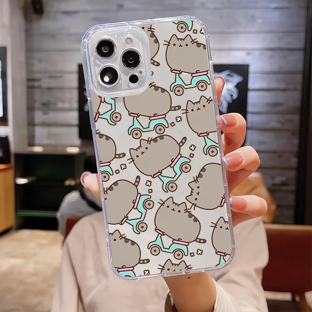 Cartoon Cat Lovely for IPhone 16 15 14 13 12 11 Pro Max Plus Transparent Magnetic Suction P-Pusheens-S Phone Case