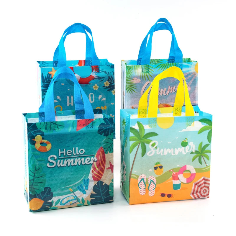 Summer Vacation, Holiday Portable Non Woven Portable Shopping Gift Bags, Beach, Kids, Games, Surfing, Toys, Snacks Theme, 12pcs