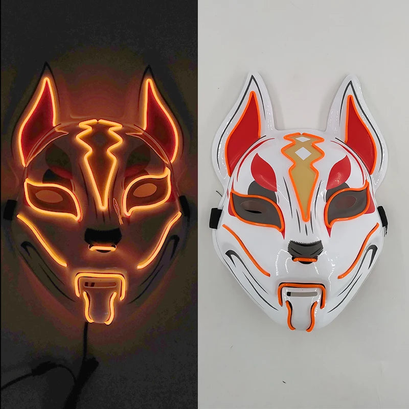 Glowing Demon Slayer Mask Cosplay Japanese Cartoon Neon Light Samurai Mascara Luminous Led Fox Mask for Halloween Christmas