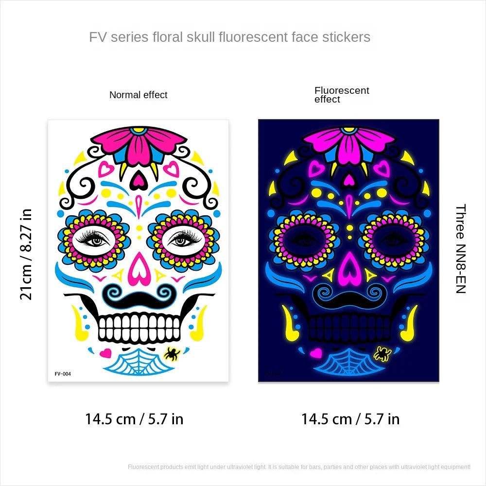 1/4/8pcs Waterproof Fluorescent Temporary Tattoo Neon Halloween Stickers Day of the Dead Party Festival Night Bar Face Stickers