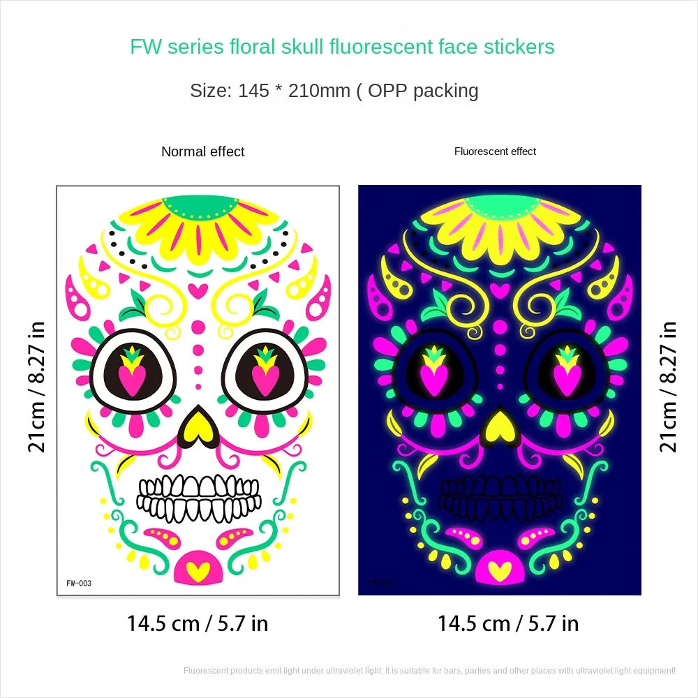 1/4/8pcs Waterproof Fluorescent Temporary Tattoo Neon Halloween Stickers Day of the Dead Party Festival Night Bar Face Stickers