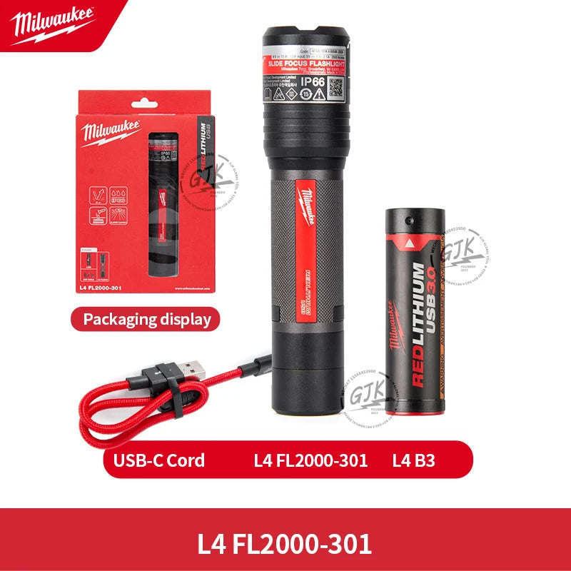 Milwaukee L4 FL2000-301 REDLITHIUM™ USB Rechargeable Slide Focus Flashlight 2,000 LUMENS With Fast Beam Control