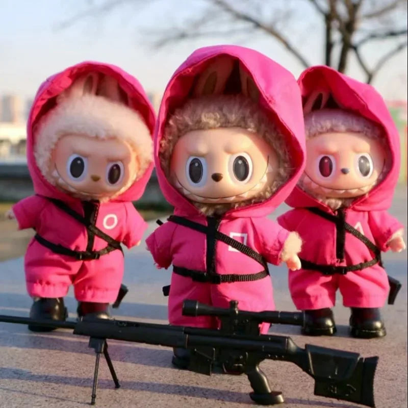 15 17cm for Labubu Doll Clothes Korean Kpop Jacket Squid Game Jumpsuit Clothing Cool Black Mask Heargear Dollhouse Accessories