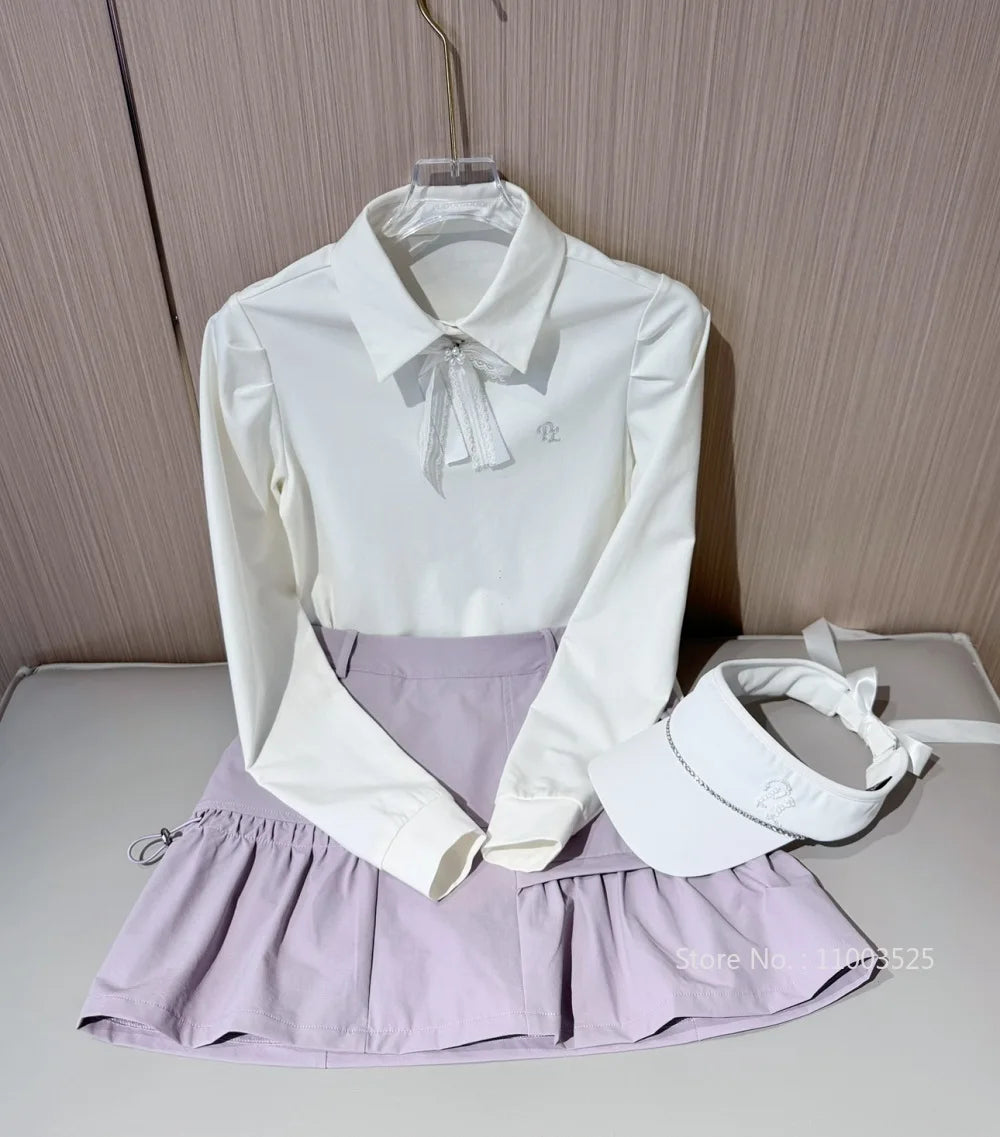 PL Women Long Sleeve Golf Polo Shirts Ladies Autumn New T-Shirt Bowknot Lapel Sports Top Ladies Cargo Short Skirts Slim Skort