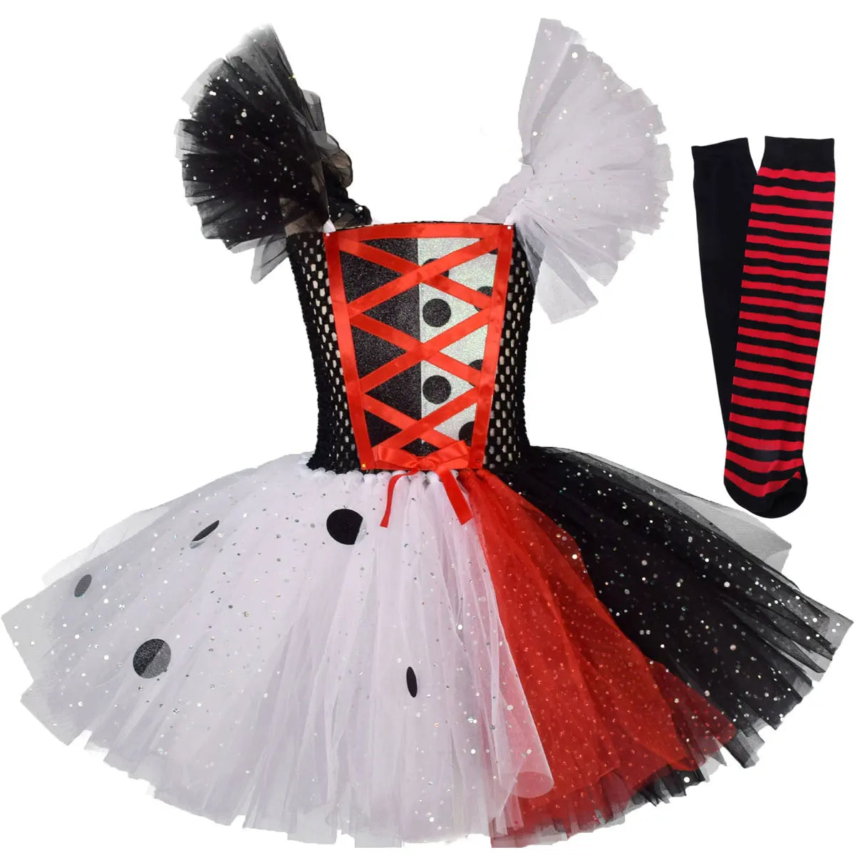 2025 Classic Girl Cosplay Clown Pure White + Black Princess Puffed Skirt Halloween Easter Festival Party Dress+ Accessories Set