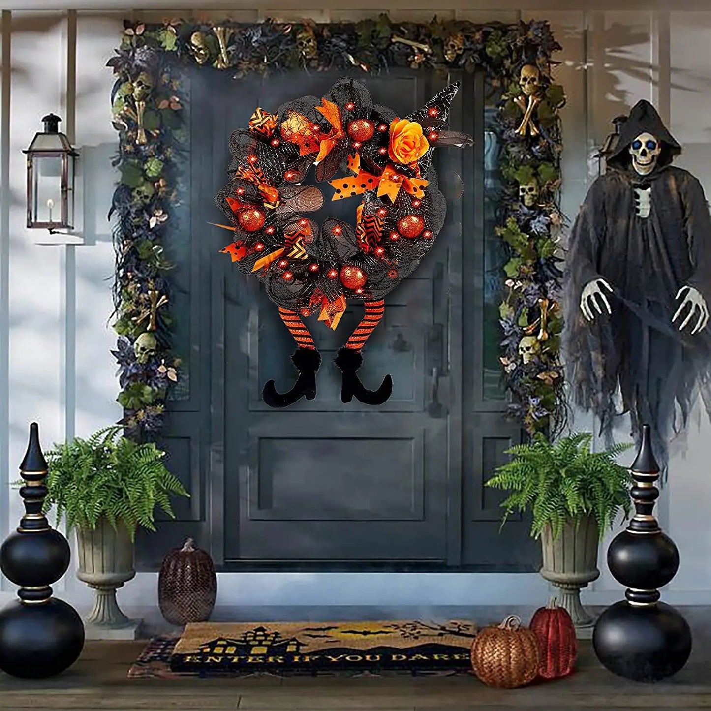 Halloween Wreath With Led Lights Door Hanging Decoration Pumpkin Witch Hat Leg Wreath Carnival Party Gifts Home Halloween Decor