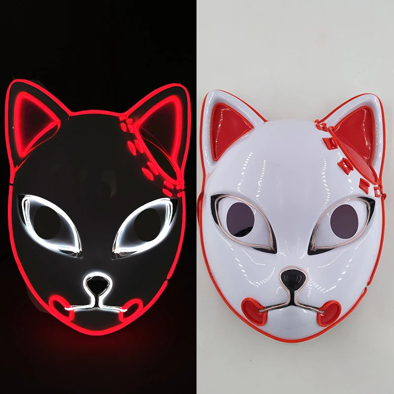 Glowing Demon Slayer Mask Cosplay Japanese Cartoon Neon Light Samurai Mascara Luminous Led Fox Mask for Halloween Christmas