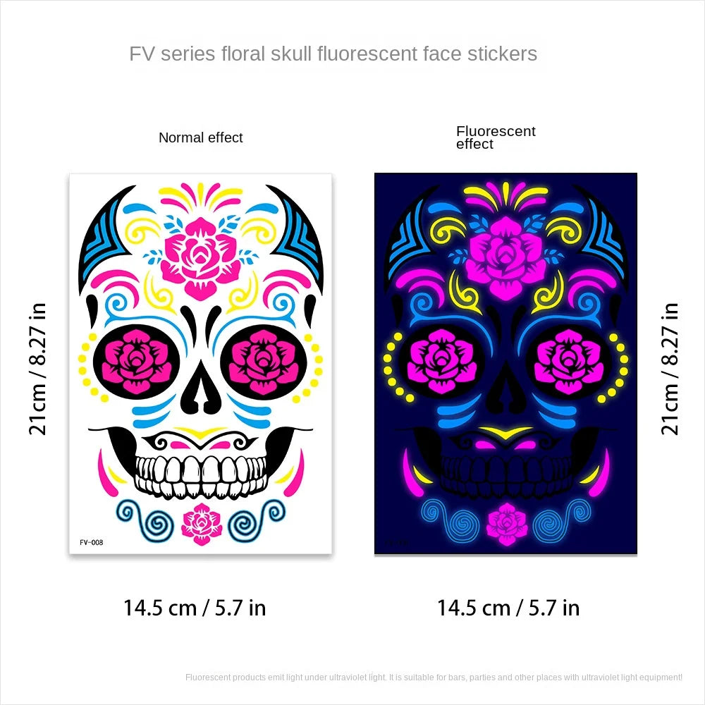 1/4/8pcs Waterproof Fluorescent Temporary Tattoo Neon Halloween Stickers Day of the Dead Party Festival Night Bar Face Stickers